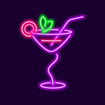 Neon cocktail with curved stem. Glowing margarita glass with green mint leaves and slice of grapefruit with straw. Popular fizz maritini royale with creamy vector grasshopper flavorのイラスト素材