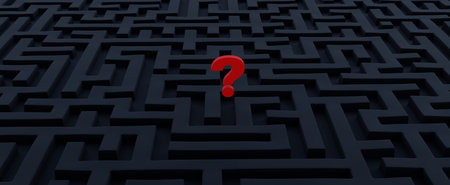 Dark maze with red question mark. Search and solution concept 3d render of business and life problems. Difficult logical decision and choice of strategic directionの写真素材