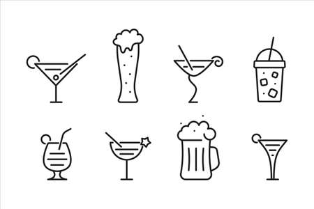 Popular cocktails and beer contour icon. Foamy drink in mugwith irish cream with figured foam in glass cup. Lemonade with ice in glass with lid. Bright pina colada with pineapple vector wedgeのイラスト素材
