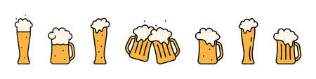 Mugs and glasses with beer icon. Yellow cup with refreshing drink with bubbles and white foam. Night beer pub emblem for vector designのイラスト素材