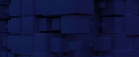 Dark blue cubes in abstract structure background. Geometric volumetric squares in 3d render digital...