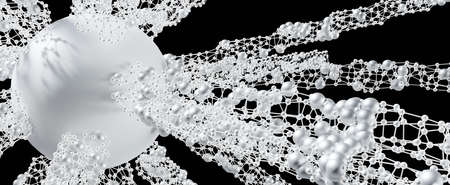 White sun with futuristic molecular rays background. Milk ball with stripes 3d render of round particles emerging into dark space. Abstract biocell in process of formationの写真素材