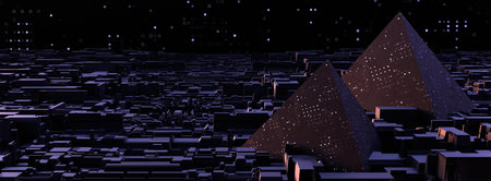 Futuristic pyramids on techno background. Glowing digital code triangular buildings in 3d render...