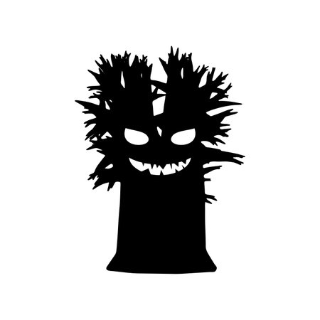 Spooky tree monster black silhouette. Terrible dead ent covered with rotten branches looks at victim with predatory smile. Creep design for halloween party and vector designのイラスト素材