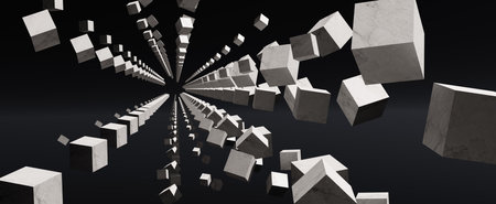 Crumbling tunnel of white marble cubes background. Dark cyber space with 3d render flying squares....