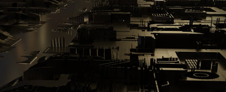 Night ruins of futuristic city with river background. Abandoned empty techno metropolis illuminated...
