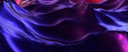 Neon digital waves with flares. Electronic purple mesh lines and board 3d render on ocean dark...