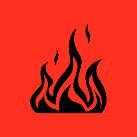 Black tongues of fire on red surface. Brightly blazing outline of larger campfire. Dangerous high...