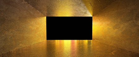 Golden concrete room with glow background. Stone yellow rough walls with 3d render reflection of night city lights. Futuristic corridor to techno synthwave partyの写真素材
