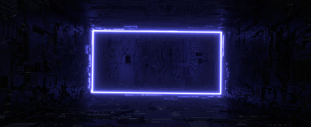 Laser purple frame in digital tunnel background. Dark futuristic techno corridor with 3d render neon glowing rectangle. Virtual room with electric led designの写真素材