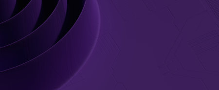 Dark purple cyber splash background. Diverging abstract digital circles on 3d render techno surface....