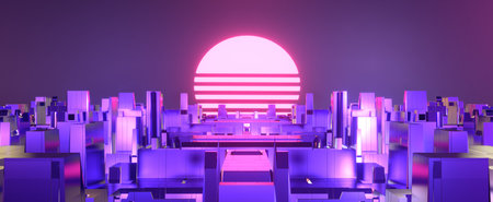 Purple neon city with synthwave sun background. Evening metropolis with futuristic flashes of 3d...