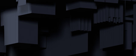 Hanging futuristic blocks in dark background. Abstract box buildings with 3d render ribbed and...