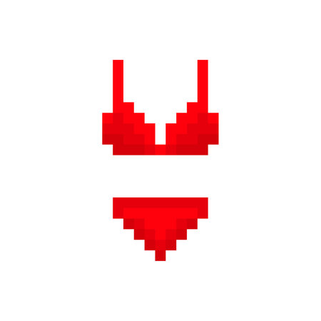 Pixel red female panties and bra template. Pixelated underwear sexy lingerie in trendy design. Stylish swimsuit from new collection with classic vector styleのイラスト素材