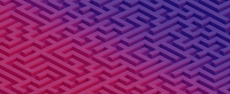 Purple blank maze background. Neon tangled game puzzle 3d render of business and life problems. Difficult logical decision and choice of strategic directionの写真素材