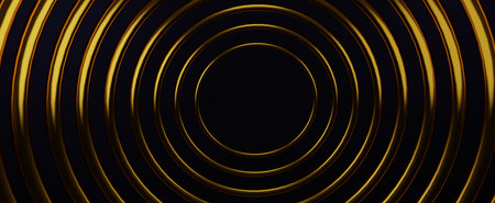 Golden circle frame in dark background. Round ring decoration with 3d render of light reflections...