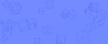 Scattered mesh cubes on blue background. Geometric falling squares in digital abstract 3d render...