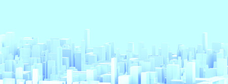 Blue and white abstract metropolis background. Modern cityscape with 3d render of skyscrapers and architectural buildings in minimalistic style. Panorama banner of morning cityの写真素材