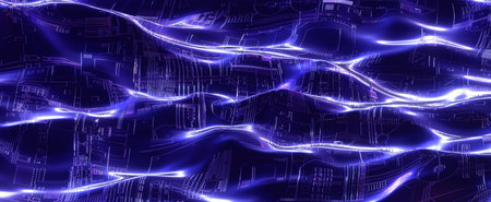 Glowing neon cyber waves background. Digital purple circuit lines and board 3d render on sea dark...