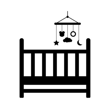 Childrens bed with hanging mobile toy. Wooden sleeping place for baby with musical gaming pendant and protective black backrest cozy vector designのイラスト素材