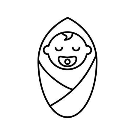 Cute baby in diaper with pacifier icon. Cheerful sleeping child wrapped in cocoon with black vector blanketのイラスト素材