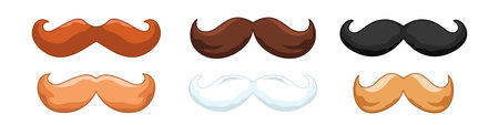 Gentleman mustache and hipster mask set. Trendy brown and black fun curly hair with curved shape in classic retro style for disguise and vector partyのイラスト素材