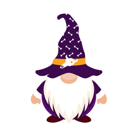 Halloween gnome with skull and crossbones cap. Happy party character in purple hat covering his eyes with white beard as festive symbol of vector carnivalのイラスト素材
