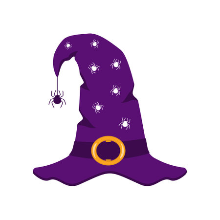 Halloween hat with spider. Purple warlock decoration cap for creepy party and holiday carnival designのイラスト素材
