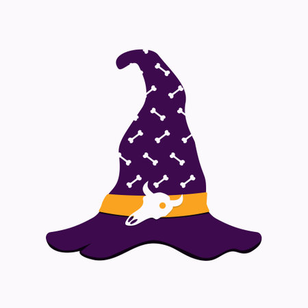 Halloween hat with horned skull and crossbones. Purple demonic decoration cap for creepy party and...