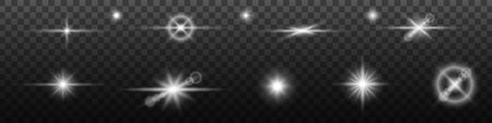 Stars and sunlight isolated set. Bright white explosions with magical sparks and starlight for blazing sun and luminaries with geometric vector blurのイラスト素材