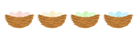 Birds nest with colored eggs. Wild nature branches collected together for nesting and hatching chicks with nature vector designのイラスト素材
