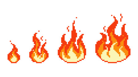 Burning pixel fire ignition. Small red bonfire turning into fiery hell consequences of explosion blazing with raging vector flame.のイラスト素材