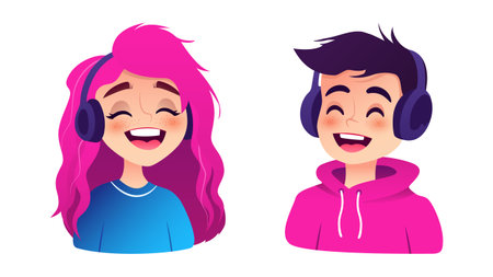 Teenage girl and boy in headphones set. Young woman and man laughing joyfully listening to music and...