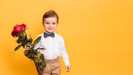 Boy in a white shirt, pants and a bow tie on a yellow background holds in his hands bouquet a red roses. A gift for my mother, grandmother. With space for your textの写真素材