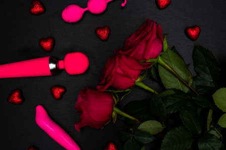 BDSM female adult toy set with roses. Set for Valentines Day.の写真素材