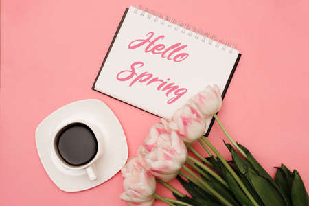 Text HELLO SPRING next to a beautiful bouquet of delicate pink tulips and a cup of coffee on a pink...