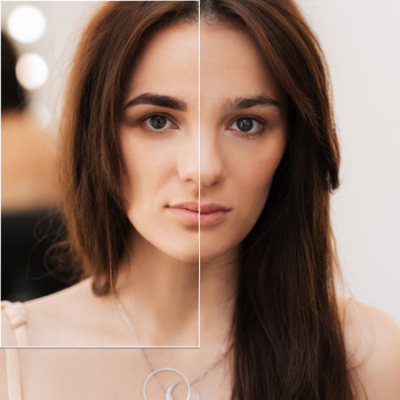 Young girl with eyebrows before and after correction. before-after photo.の写真素材