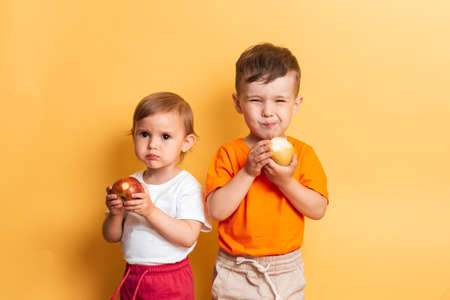 Children a boy and a girl eat fresh apples. Brother and sister on yellow background. Healthy food and vitaminsの写真素材