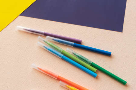 A set for childrens creativity and development. felt-tip pens, colored paper on the table.の写真素材