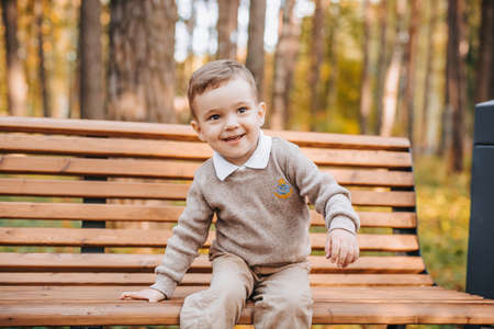 Happy boy sitting on a bench in the Park in autumnの写真素材