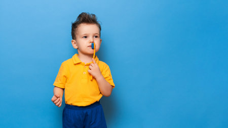 Happy child kid boy brushing teeth with toothbrush on blue background. Health care, dental hygiene. Mockup, copy spaceの写真素材