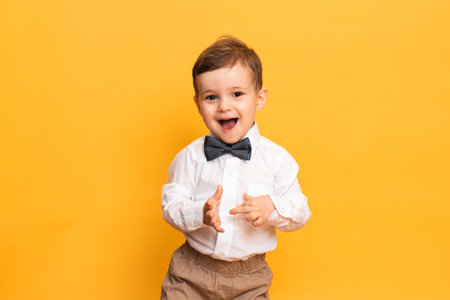 A studio shot of a cute little boy grimacing stands on a yellow background. Funny kidの写真素材