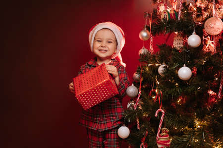 A child boy in a Christmas hat and pajamas stands with a box in his hands at the Christmas tree.の写真素材