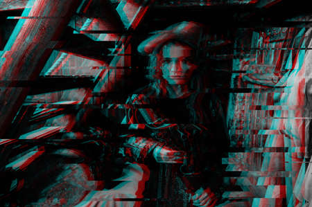 A girl in the image of a pirate in the cabin of a ship with a hat on her head. In the photo, there is a distortion, a glitch effect.の写真素材