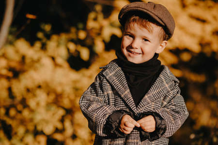 Portrait of a happy child boy walking among golden trees in the autumn in the park.の写真素材