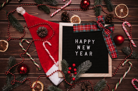 Happy New Year inscription on a letter board in New Year decorations, Santa hat, fir branches,...