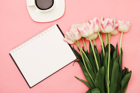 A beautiful bouquet of delicate pink tulips next to a cup of coffee on a pink background with a place for your text on a white backgroundの写真素材
