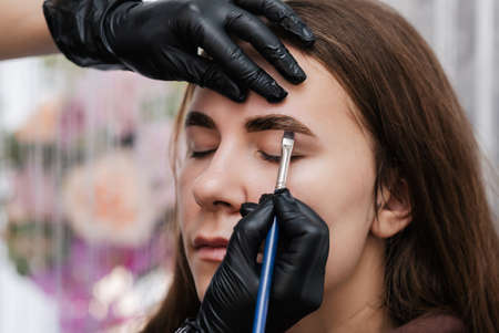 Eyebrow coloring. Close-up, the master applies paint to the eyebrow with a brush.の写真素材