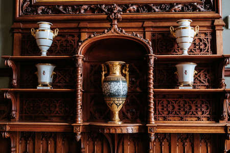 CRIMEA, ALUPKA - SEPTEMBER 02.2021: Decorative elements of the interior of the Halls located in the palace of Count Vorontsov. Antique Vases. Museum.のeditorial素材