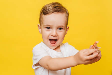 Portrait of a cute laughing little boy on a yellow background with a toy in his hands. Copy space.の写真素材